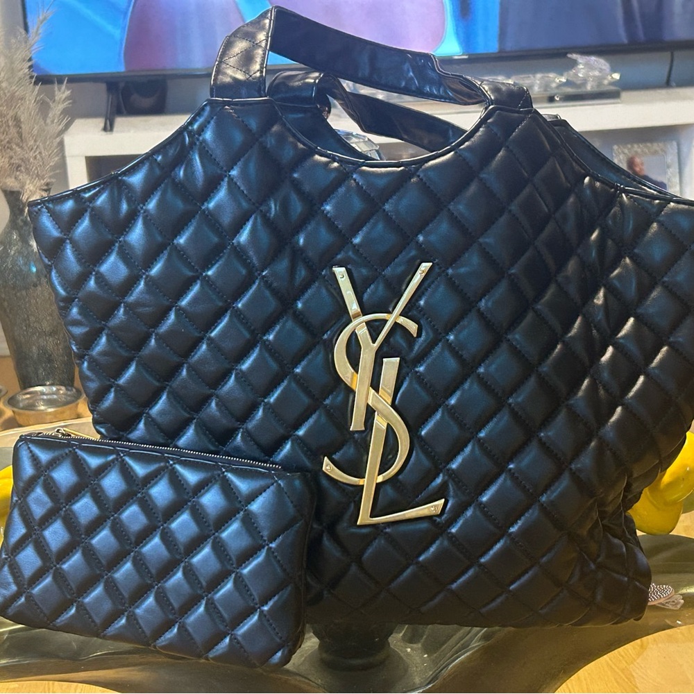 Yves Saint Laurent Black Quilted Tote with Gold Logo
